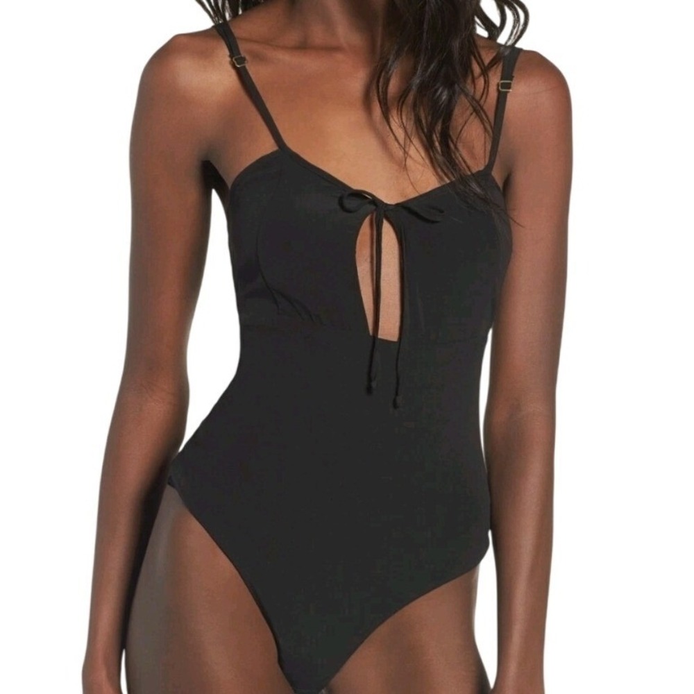 For Love & Lemons Black V‎ Neck Keyhole Tie Front Bodysuit Thong Snap large new
